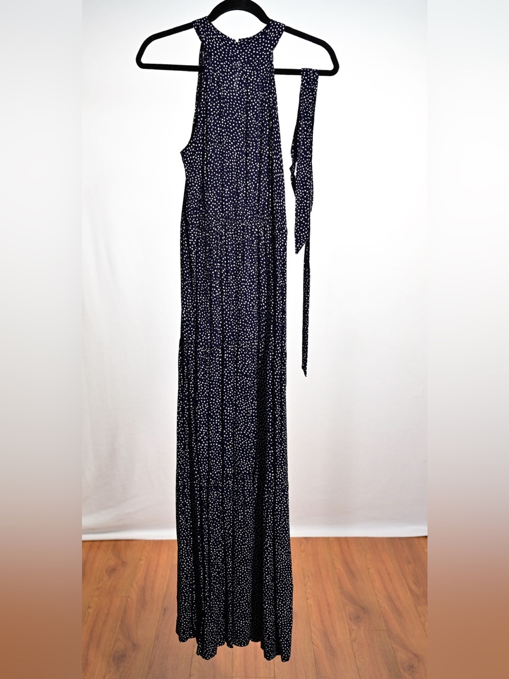 Women's Navy Polka Dot Halter Maxi Dress